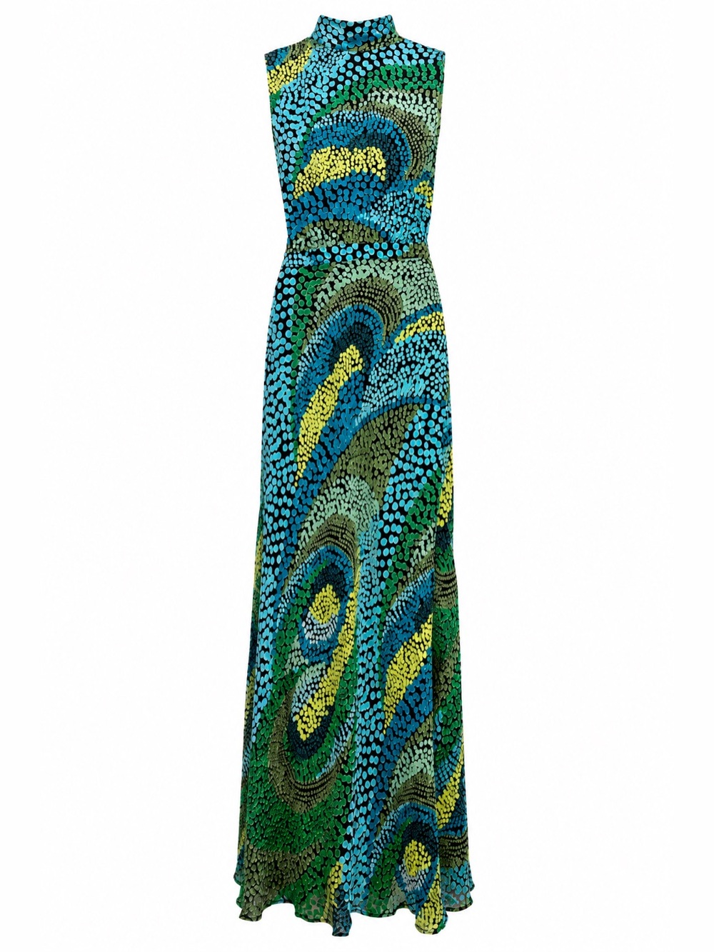 SALONI Silk Blend Mock Neck Sleeveless Maxi Dress Blue Green Abstract Print SZ6 - Picture 2 of 9